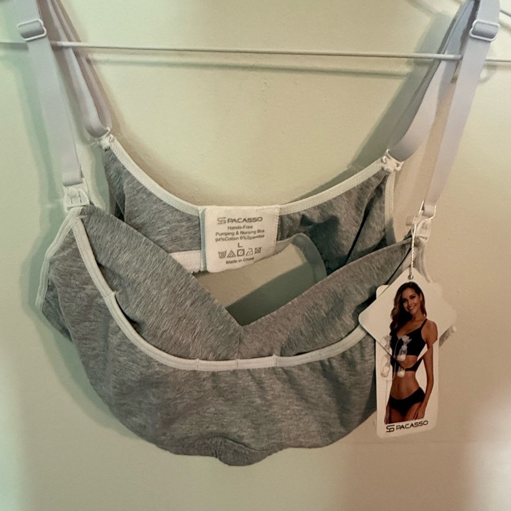 PS Pacasso Gray Hand's Free Pumping & Nursing Bra Knit Stretch Womens large NWT